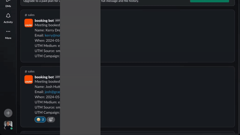 Real-time Slack notifications showing booked meetings from email campaigns